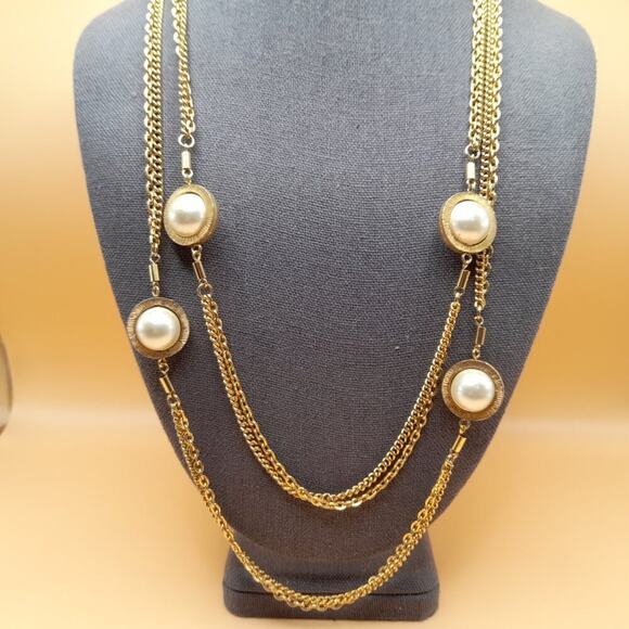Vintage Long Two Strand Necklace, 6 Double Sided Faux Pearls, Gold Plated, 52 In - Picture 2 of 10